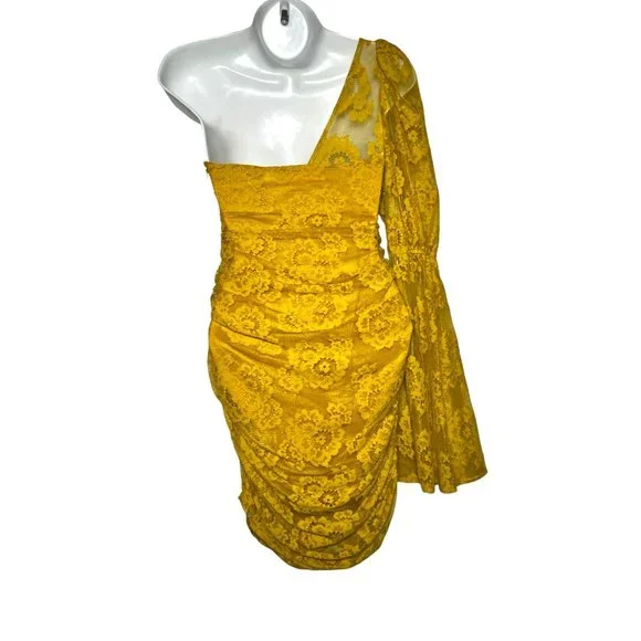 For Love And Lemons NWT Tiana one shoulder yellow lace mini dress - Picture 12 of 16